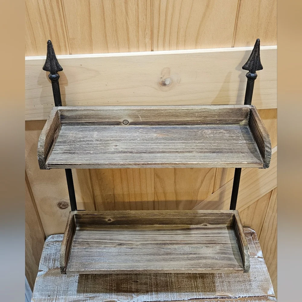 Arrow Detail Rustic Wood and Metal Two Tier Wall Shelf